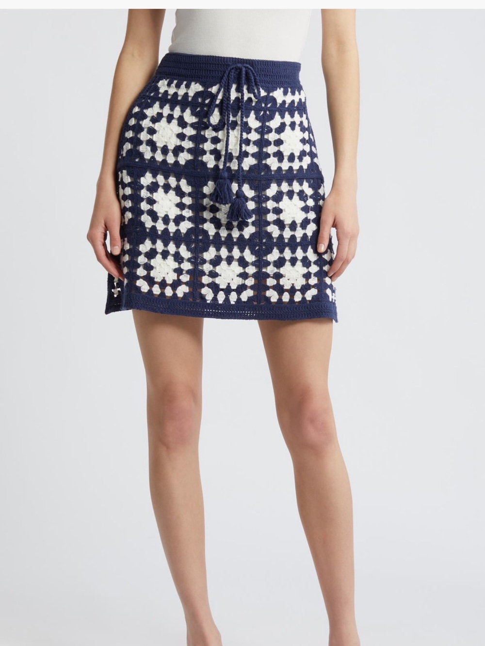 FRAME Women's Crochet Tassel Navy and Cream Skirt Size XS